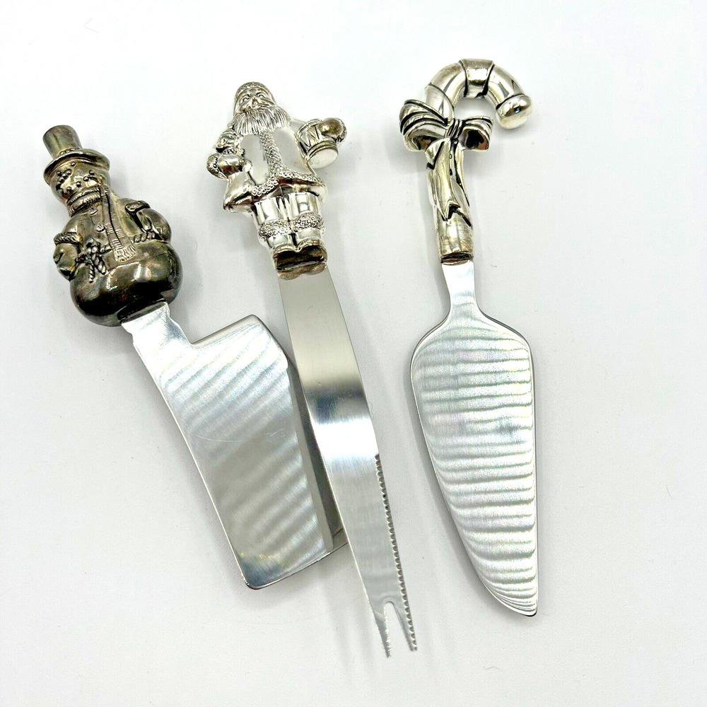 Wallace Stainless Steel Holiday Christmas Cheese Knife Fork Server Santa Snowman